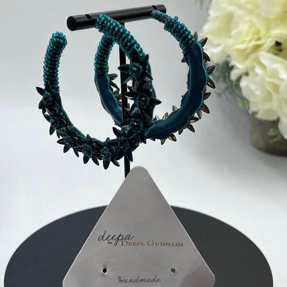 Deepa Gurnani Signed Handmade Green Beaded Floral Hoop Earrings Leather Back USA - Picture 1 of 8